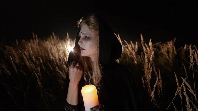 Three quarter night view of pale faced young woman in black hooded cloak holding lit candle near chest while raising hand toward forehead, set in dark field with glowing backlight, with woman