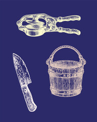 traditional maritime food preparation and galley tools fish scaling knife, brass-hooped wooden bucket and heavy iron citrus press, vintage woodcut engraving © Paulo