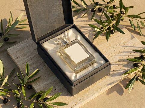 Glass perfume bottle inside open gift box surrounded by olive branches on marble.