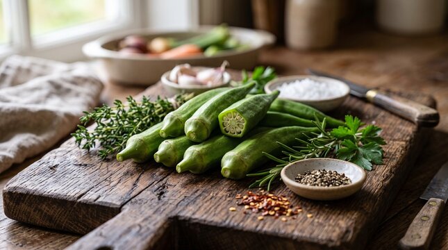 Fresh okra pods with herbs and spices arranged on a rustic wooden cutting board