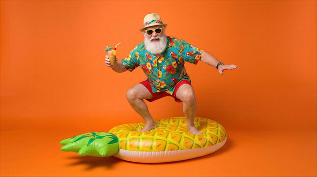 Funny Santa Claus on summer vacation surfing on pineapple float with tropical drink