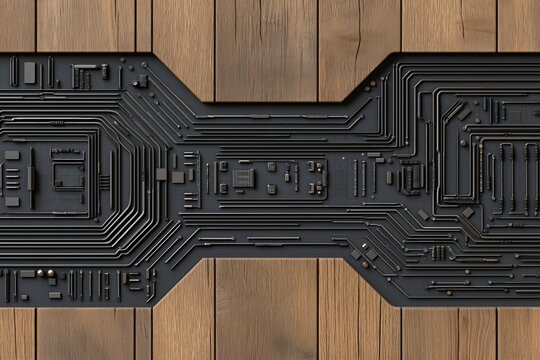 Circuit board integrated into a wooden wall panel with dark metallic traces and components, showing a fusion of technology and rustic wood texture.