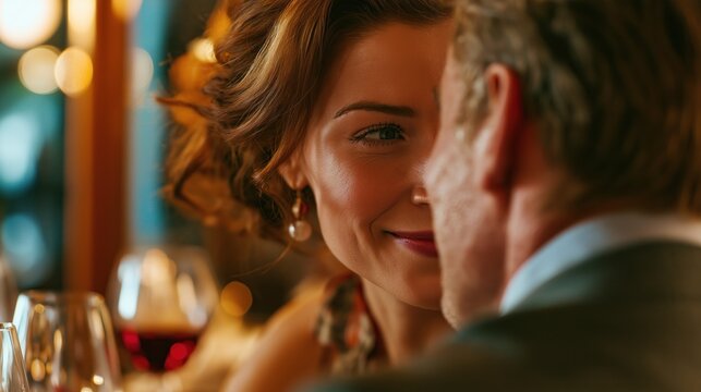 Couple smiling during a restaurant dinner near a window with warm bokeh lights, close-up of a woman facing a man in an intimate date setting.