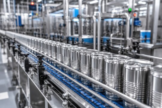 Food cans move along a factory conveyor in a modern canning plant with stainless steel machinery and automated production equipment.