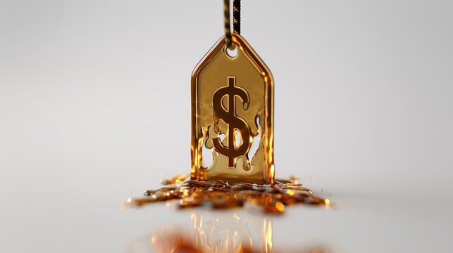 Gold price tag icon melting into liquid on a clean white background with warm reflections and soft bokeh, symbolizing pricing, value, and cost changes.
