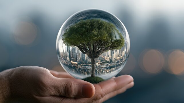 Tree in glass sphere resting on a hand with a city skyline reflected inside, symbolizing environmental care and sustainable urban growth.