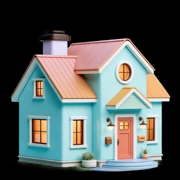 Pastel house icon exterior with a coral front door, copper roof, glowing windows, and small planters on a black background.