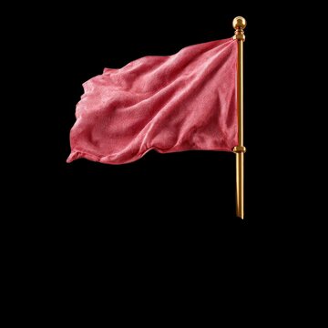 Red flag on a gold flagpole isolated against a black background with fabric texture and flowing folds for symbol, warning, or announcement use.