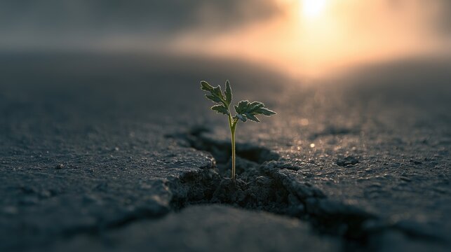 Seedling growing through cracked asphalt in soft morning light with mist and backlit detail, symbolizing resilience, renewal, and nature overcoming urban surfaces.