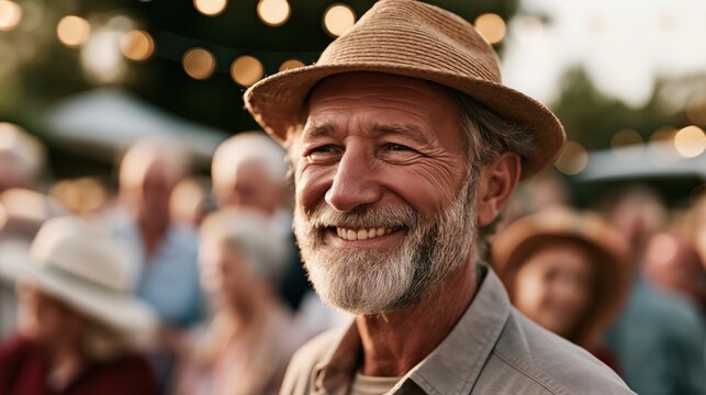 Senior man with a beard and straw hat smiling at an outdoor neighborhood gathering with blurred people and warm string lights in the background.