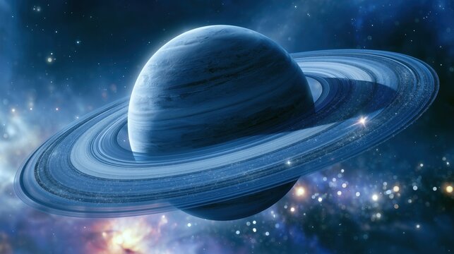 Ringed planet floating in a starry deep space scene with icy bands, glowing stars, and a colorful nebula background.