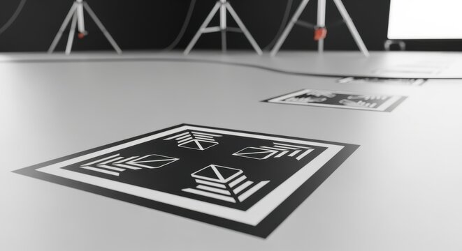 Detailed shot of the AR tracking marker floor appliques matte finish that reduces glare ensuring stable and accurate AR tracking under studio lighting.