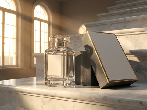 Luxury clear perfume bottle and gift box on marble stage inside North America palace.