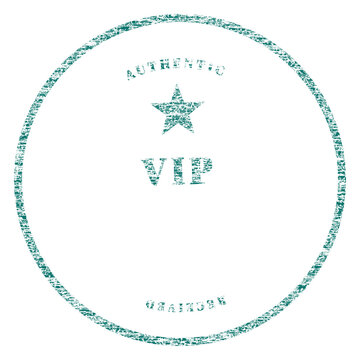 Vintage VIP rubber stamp with star, authentic received seal in teal ink, circular distressed grunge texture mark for membership and exclusivity