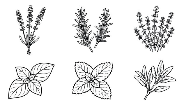Hand drawn culinary herbs vector set, vintage botanical line art of lavender rosemary thyme mint and sage, organic garden herb sketches
