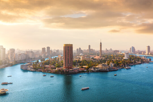 Stunning Cairo Skyline Panorama at Sunset with Cairo Tower on Gezira Island, Egypt