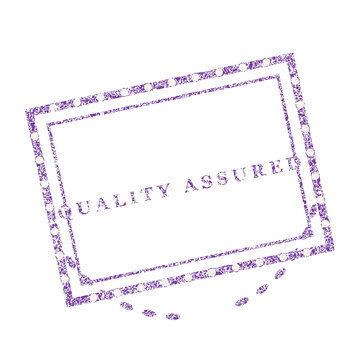 Vintage quality assured rubber stamp, purple ink seal with decorative border, grunge textured certification mark for business and logistics