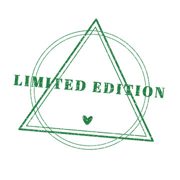Limited edition green rubber stamp, vintage geometric triangle seal with heart icon, distressed ink texture for product packaging and marketing