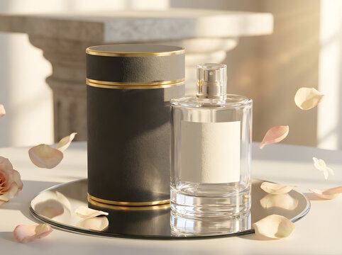 Luxury perfume bottle on mirror tray with floating rose petals and black cylinder box.