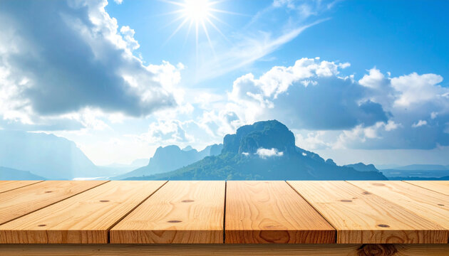 Empty wooden table top background with stunning mountain landscape view