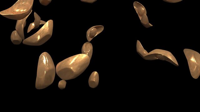Rain of golden chinese yuanbao ingots falling on black background
