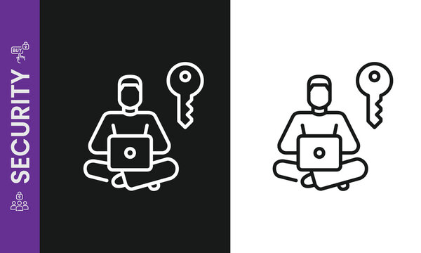 Freelancer Cybersecurity Laptop User and Key Access Line Icon Vector, Remote Work Protection, Programmatic Keyholder, Data Security, and Account Authentication Symbol.