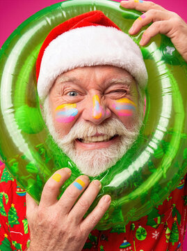Funny Santa Claus winking with colorful face paint and green pool float on summer vacation