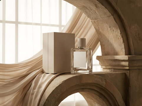 Minimalist perfume bottle beside box on stone archway overlooking north america hills.