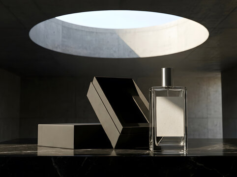 Minimalist perfume bottle with open box product mockup inside concrete architecture.