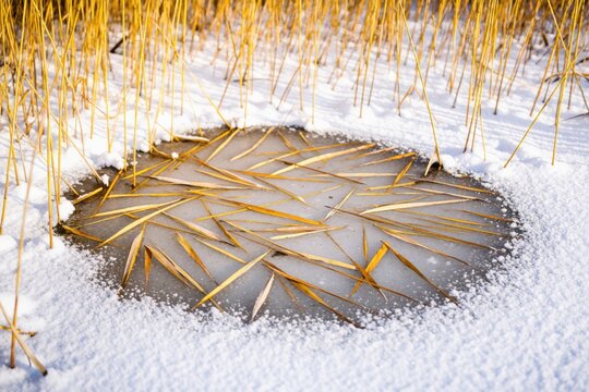 Dry yellow reed leaves freeze into thin ice on snowy pond surface. Brown stems contrast with white frost cover creating natural pattern. Cold winter lake view shows wintertime beauty. Calm wild