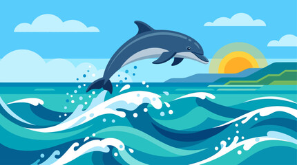 Naklejka premium A joyful dolphin leaping high out of the turquoise ocean waves during a bright sunrise with distant coastline and fluffy clouds in a vibrant flat design illustration