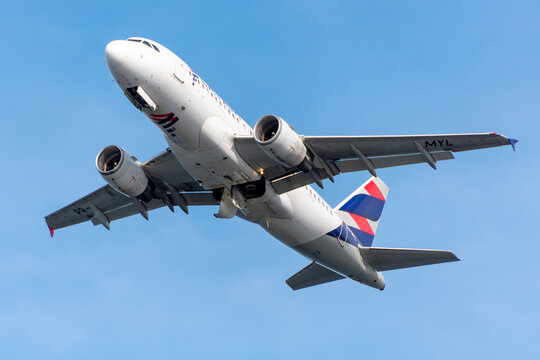 A LATAM Airlines plane taking off from Santos Dumont Airport in Rio de Janeiro, Brazil.