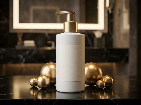 Minimalist white lotion bottle with gold pump on marble surface in north america spa.