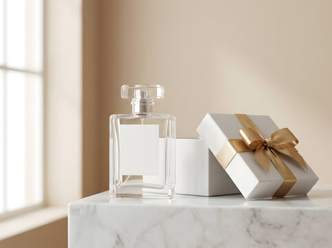 Modern perfume bottle placed on marble table beside gift box in light north america.