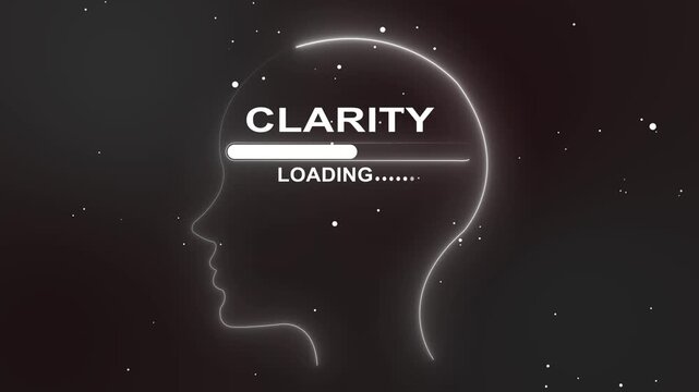 Neon outline of a human head profile with the word CLARITY and a loading bar inside against a dark white background with glowing particles 4k