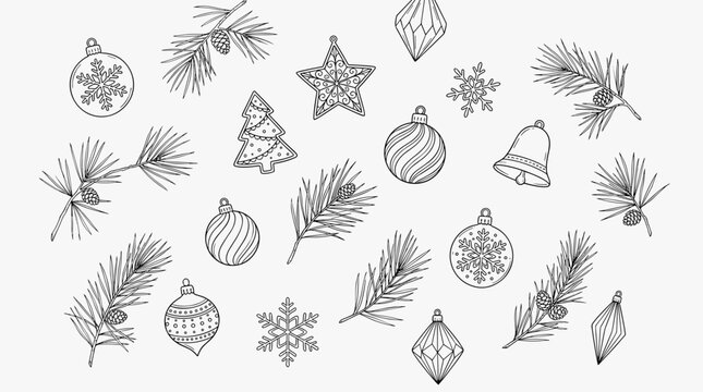 Christmas ornaments and pine branches line art pattern