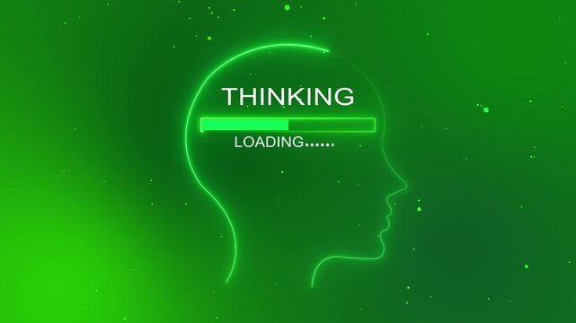 Neon outline of a human head profile with the word  THINKING and a loading bar inside on a dark red background .4K