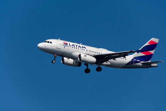 Azul Airlines plane approaching to land at Santos Dumont Airport in Rio de Janeiro, Brazil.