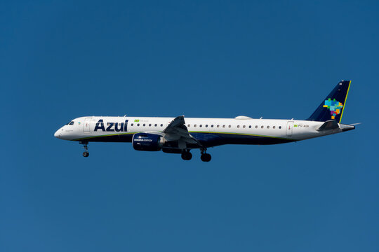 Azul Airlines plane approaching to land at Santos Dumont Airport in Rio de Janeiro, Brazil.