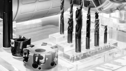 various types drill bits milling cutter. display organized and bits arranged  tech industrial technology background © Aleksandr Matveev