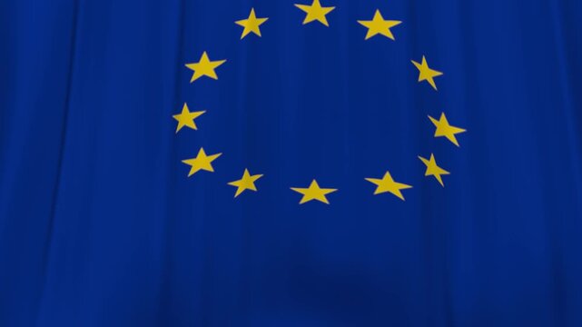 European union flag fabric curtain falling down reveal animation
