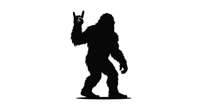Black silhouette of a bigfoot creature making a rock and roll hand gesture on white background