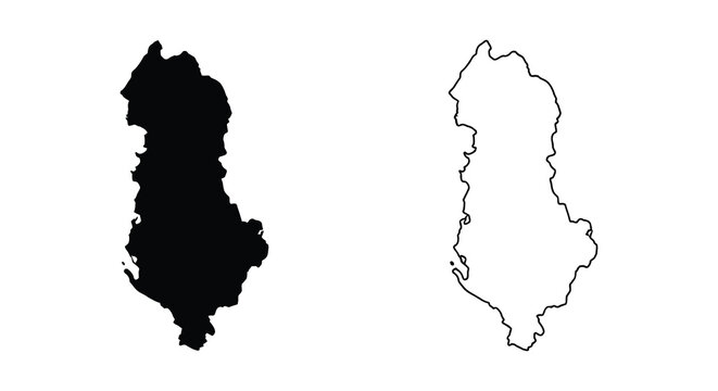 Set of albania country map silhouettes featuring a solid black shape and a simple outline version