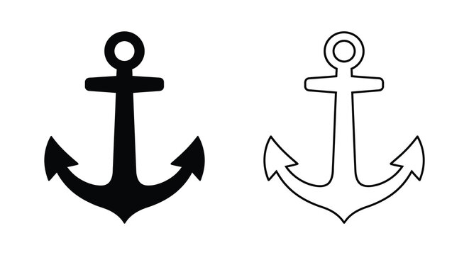 Set of two nautical ship anchor icons featuring a solid black silhouette and a simple line art outline