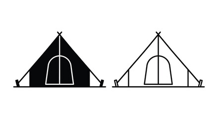 Set of two camping tent icons featuring a solid black silhouette and a simple outline design © MdGolam