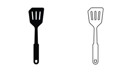 Set of kitchen spatula icons featuring a solid black silhouette and a simple line art outline design © MdGolam