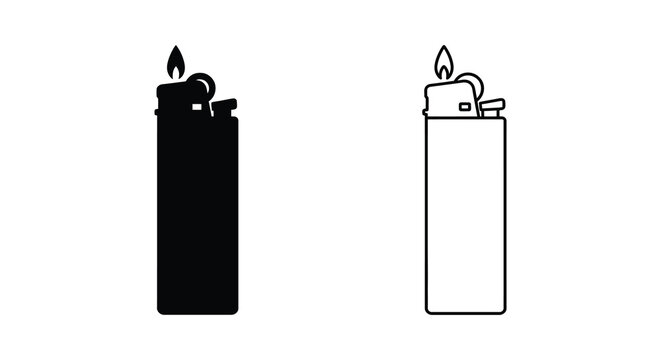 Black and white vector illustration of a cigarette lighter with a small flame icon set