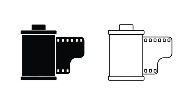 Set of two icons featuring vintage 35mm film rolls in black silhouette and outline style