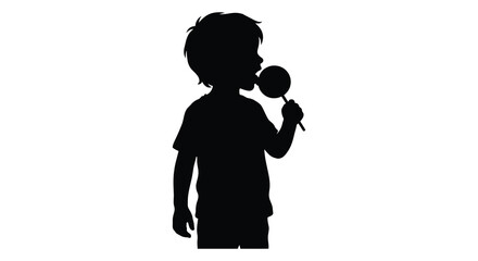 Black silhouette of a young boy holding and eating a sweet lollipop on a white background