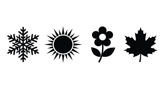 Set of four black icons representing the four seasons including winter snowflake summer sun spring flower and autumn leaf